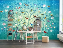 Tranh Dán Tường 3D Lập Thể Nghệ Thuật Chim Và Lá Nhiều Màu Sắc Ntl01