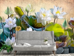 Tranh 3D Dán Tường Hoa Sen Trắng Nền Nâu TPK8021