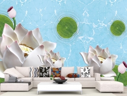 Tranh 3D Dán Tường Sen Trắng Nền Xanh TPK8025