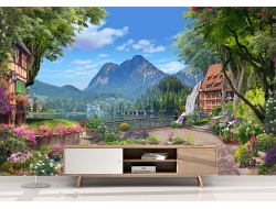 Tranh 3D Dán Tường Thiên Nhiên Cây Núi Và Thác TPK8008