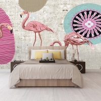 Tranh 3D Dán Tường Hạc Hồng Nền Họa Tiết Tròn TPN8006