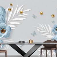 Tranh 3D Dán Tường Hoa Xanh Dương Nền Xám TPK8012