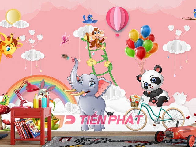 Tranh 3D Dán Tường Động Vật Bóng Bay Trên Nền Hồng TTE8014 Tranh 3D Dán Tường Động Vật Bóng Bay Trên Nền Hồng TTE8014