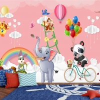 Tranh 3D Dán Tường Động Vật Bóng Bay Trên Nền Hồng TTE8014 Tranh 3D Dán Tường Động Vật Bóng Bay Trên Nền Hồng TTE8014