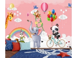 Tranh 3D Dán Tường Động Vật Bóng Bay Trên Nền Hồng TTE8014