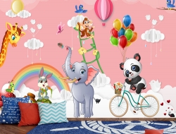 Tranh 3D Dán Tường Động Vật Bóng Bay Trên Nền Hồng TTE8014 Tranh 3D Dán Tường Động Vật Bóng Bay Trên Nền Hồng TTE8014