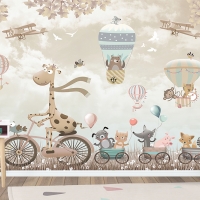 Tranh 3D Dán Tường Động Vật Đạp Xe Và Khinh Khí Cầu TTE8027