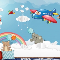 Tranh 3D Dán Tường Máy Bay Mây Trời Và Động Vật TTE8023 Tranh 3D Dán Tường Máy Bay Mây Trời Và Động Vật TTE8023