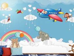 Tranh 3D Dán Tường Máy Bay Mây Trời Và Động Vật TTE8023 Tranh 3D Dán Tường Máy Bay Mây Trời Và Động Vật TTE8023