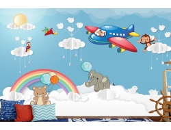 Tranh 3D Dán Tường Máy Bay Mây Trời Và Động Vật TTE8023 Tranh 3D Dán Tường Máy Bay Mây Trời Và Động Vật TTE8023