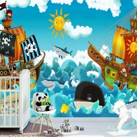 Tranh 3D Dán Tường Thuyền Cướp Biển Và Cá TTE8005 Tranh 3D Dán Tường Thuyền Cướp Biển Và Cá TTE8005