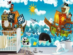 Tranh 3D Dán Tường Thuyền Cướp Biển Và Cá TTE8005 Tranh 3D Dán Tường Thuyền Cướp Biển Và Cá TTE8005