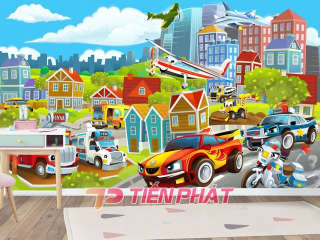 Tranh 3D Dán Tường Xe Máy Bay Và Thành Phố TTE8007 Tranh 3D Dán Tường Xe Máy Bay Và Thành Phố TTE8007