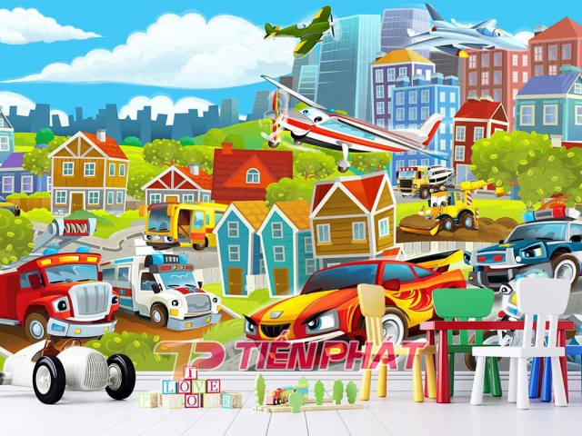 Tranh 3D Dán Tường Xe Máy Bay Và Thành Phố TTE8007 Tranh 3D Dán Tường Xe Máy Bay Và Thành Phố TTE8007
